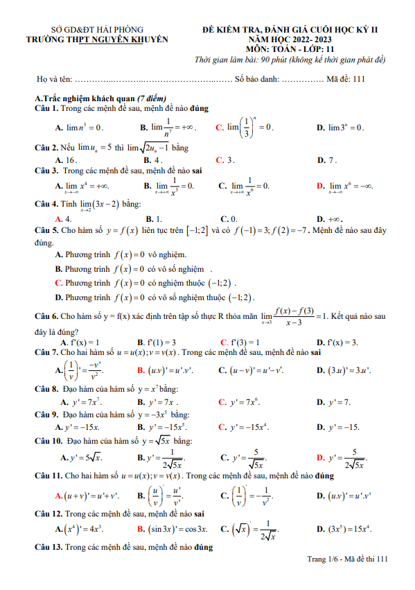 Đề cuối học kì 2 (HK2) lớp 11 môn Toán năm 2022 2023 trường THPT Nguyễn Khuyến Hải Phòng