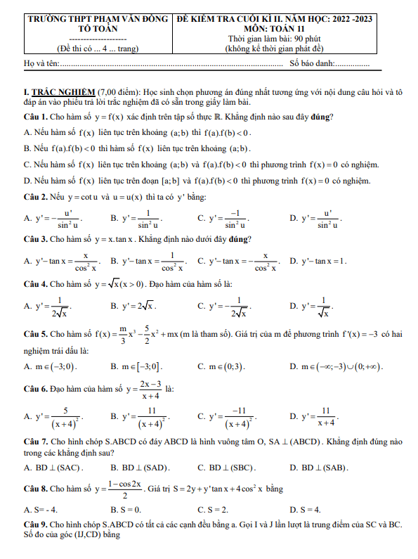 Đề cuối học kì 2 (HK2) lớp 11 môn Toán năm 2022 2023 trường THPT Phạm Văn Đồng Khánh Hòa