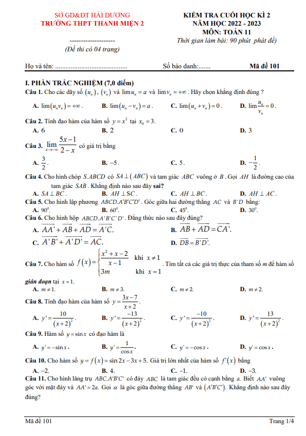 Đề cuối học kì 2 (HK2) lớp 11 môn Toán năm 2022 2023 trường THPT Thanh Miện 2 Hải Dương