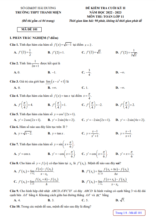 Đề cuối học kì 2 (HK2) lớp 11 môn Toán năm 2022 2023 trường THPT Thanh Miện Hải Dương