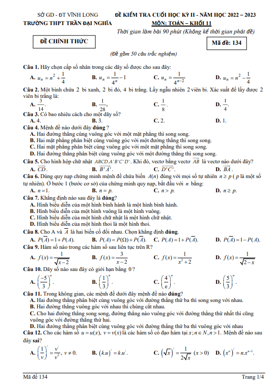 Đề cuối học kì 2 (HK2) lớp 11 môn Toán năm 2022 2023 trường THPT Trần Đại Nghĩa Vĩnh Long