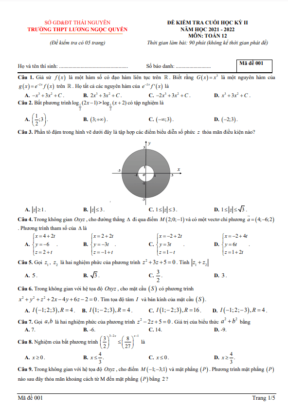 Đề cuối học kì 2 (HK2) lớp 12 môn Toán năm 2021 2022 trường Lương Ngọc Quyến Thái Nguyên