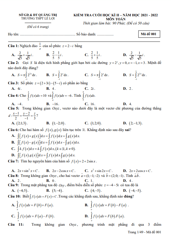 Đề cuối học kì 2 (HK2) lớp 12 môn Toán năm 2021 2022 trường THPT Lê Lợi Quảng Trị