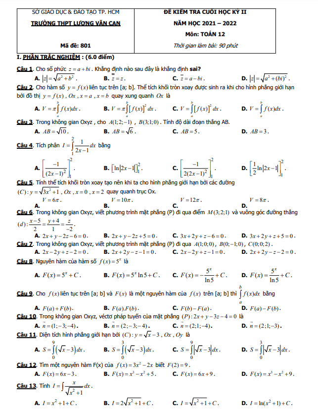 Đề cuối học kì 2 (HK2) lớp 12 môn Toán năm 2021 2022 trường THPT Lương Văn Can TP HCM