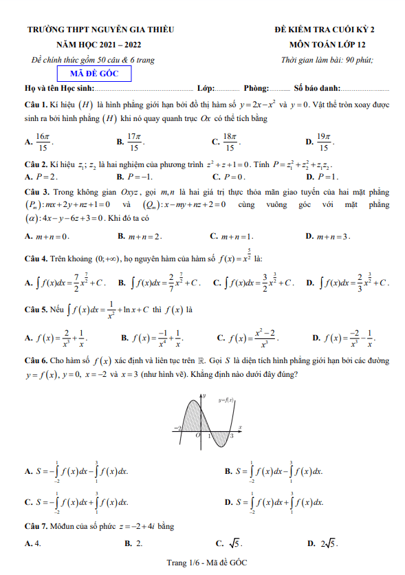 Đề cuối học kì 2 (HK2) lớp 12 môn Toán năm 2021 2022 trường THPT Nguyễn Gia Thiều Hà Nội