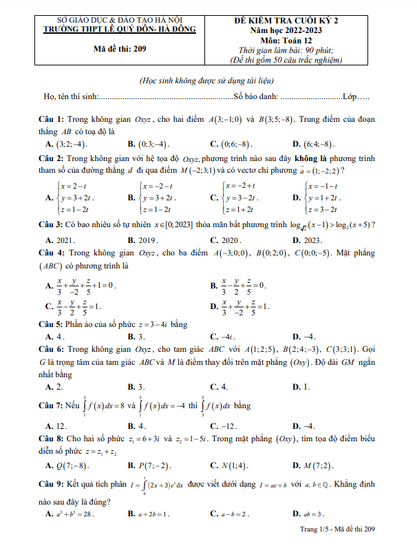 Đề cuối học kì 2 (HK2) lớp 12 môn Toán năm 2022 2023 trường THPT Lê Quý Đôn Hà Nội