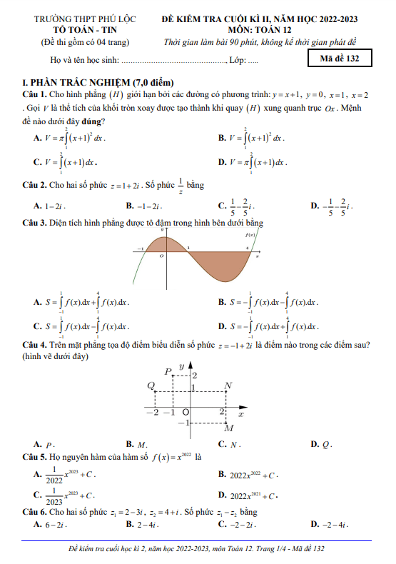 Đề cuối học kì 2 (HK2) lớp 12 môn Toán năm 2022 2023 trường THPT Phú Lộc TT Huế