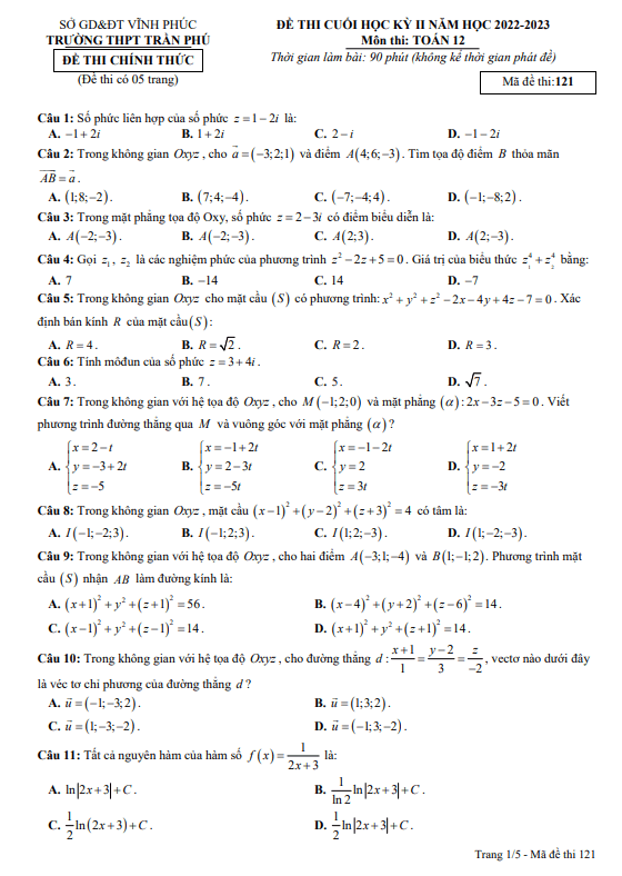 Đề cuối học kì 2 (HK2) lớp 12 môn Toán năm 2022 2023 trường THPT Trần Phú Vĩnh Phúc