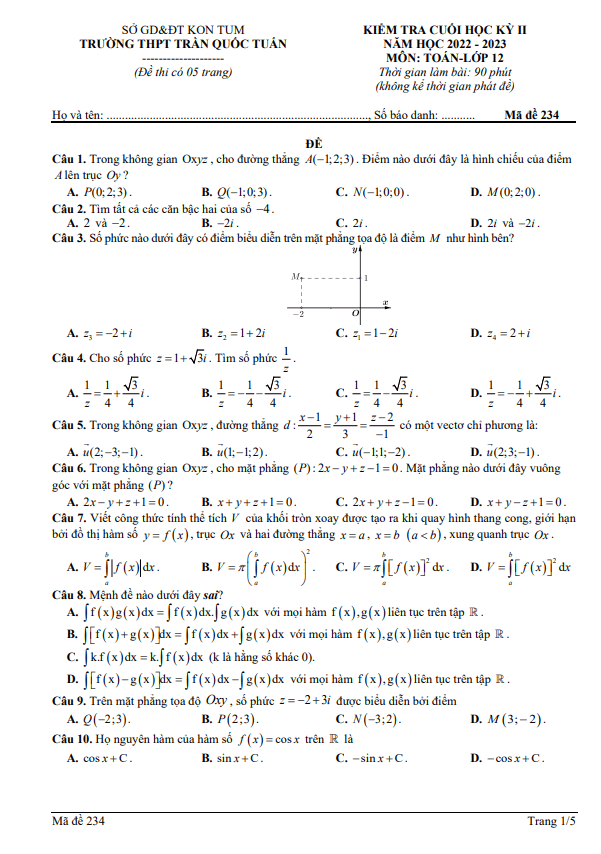 Đề cuối học kì 2 (HK2) lớp 12 môn Toán năm 2022 2023 trường THPT Trần Quốc Tuấn Kon Tum