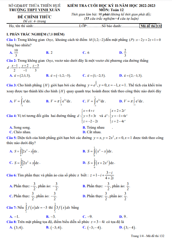Đề cuối học kì 2 (HK2) lớp 12 môn Toán năm 2022 2023 trường THPT Vinh Xuân TT Huế