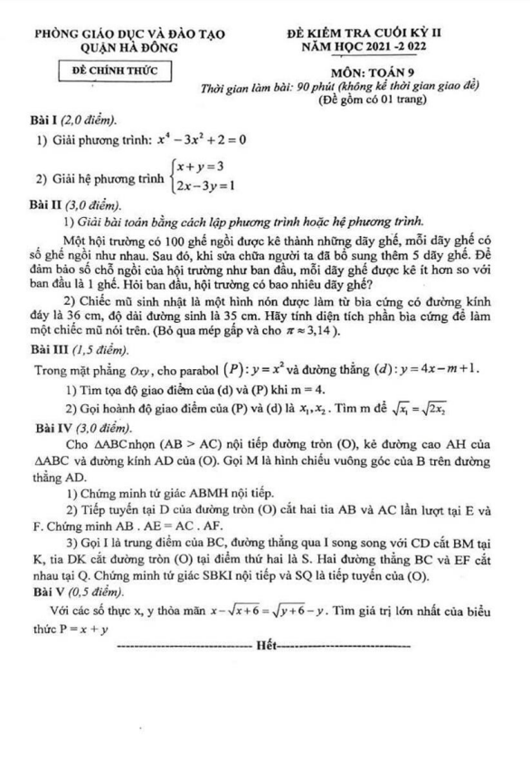 Đề cuối học kì 2 (HK2) lớp 9 môn Toán năm 2021 2022 phòng GD ĐT Hà Đông Hà Nội