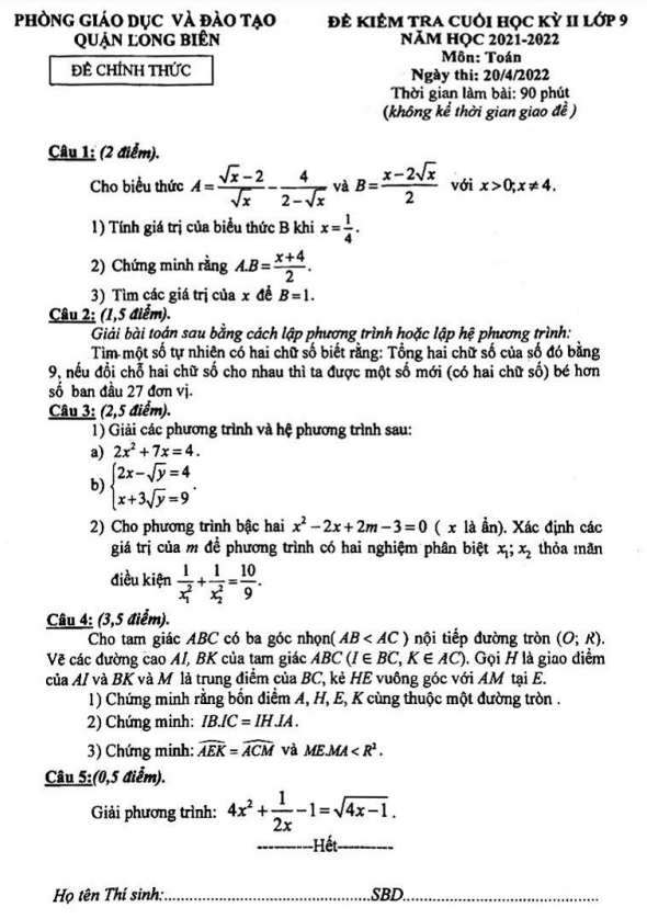Đề cuối học kì 2 (HK2) lớp 9 môn Toán năm 2021 2022 phòng GD ĐT Long Biên Hà Nội