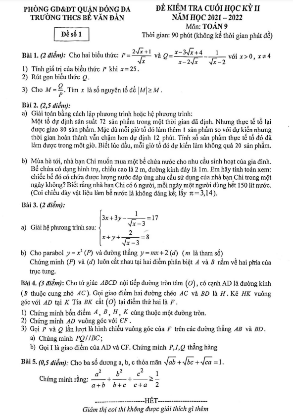Đề cuối học kì 2 (HK2) lớp 9 môn Toán năm 2021 2022 trường THCS Bế Văn Đàn Hà Nội