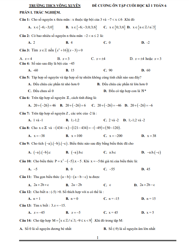 Đề cương cuối học kì 1 (HK1) lớp 6 môn Toán năm 2022 2023 trường THCS Võng Xuyên Hà Nội