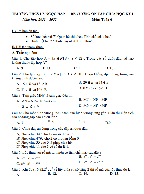 Đề cương giữa học kì 1 (HK1) lớp 6 môn Toán năm 2021 2022 trường THCS Lê Ngọc Hân Hà Nội