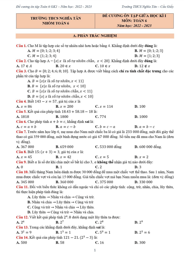 Đề cương giữa học kì 1 (HK1) lớp 6 môn Toán năm 2022 2023 trường THCS Nghĩa Tân Hà Nội