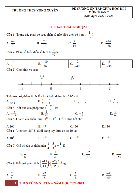 Đề cương giữa học kì 1 (HK1) lớp 7 môn Toán năm 2022 2023 trường THCS Võng Xuyên Hà Nội