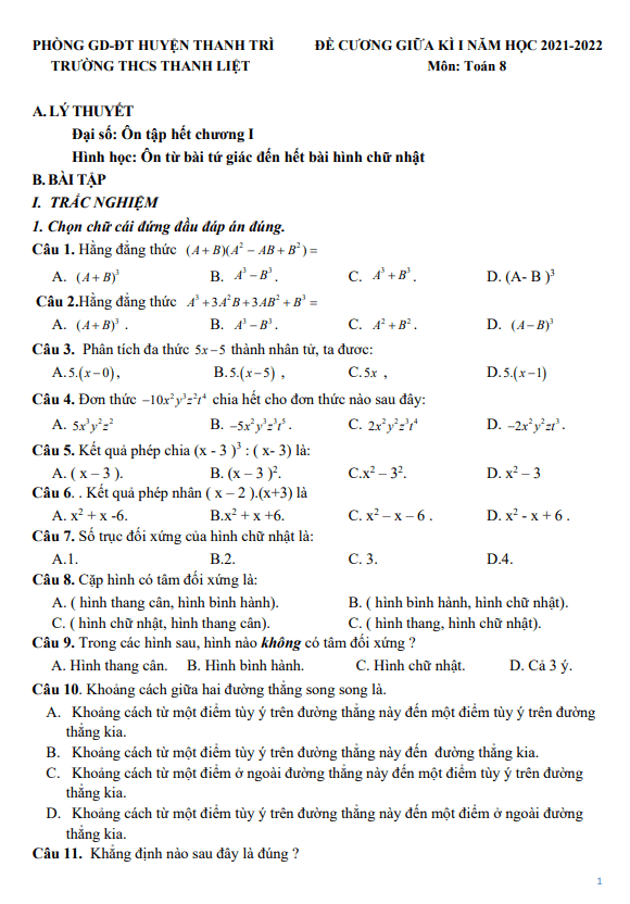 Đề cương giữa học kì 1 (HK1) lớp 8 môn Toán năm 2021 2022 trường THCS Thanh Liệt Hà Nội