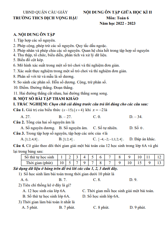 Đề cương giữa học kì 2 (HK2) lớp 6 môn Toán năm 2022 2023 trường THCS Dịch Vọng Hậu Hà Nội