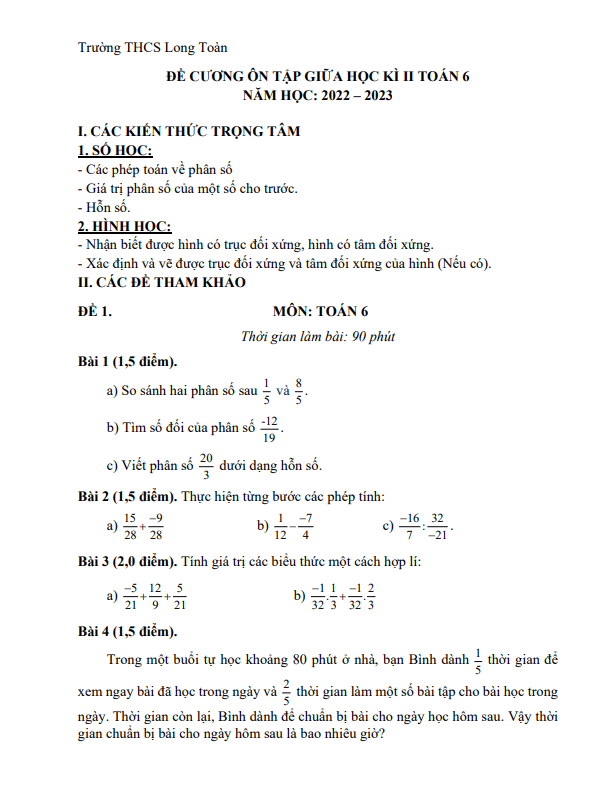Đề cương giữa học kì 2 (HK2) lớp 6 môn Toán năm 2022 2023 trường THCS Long Toàn BR VT