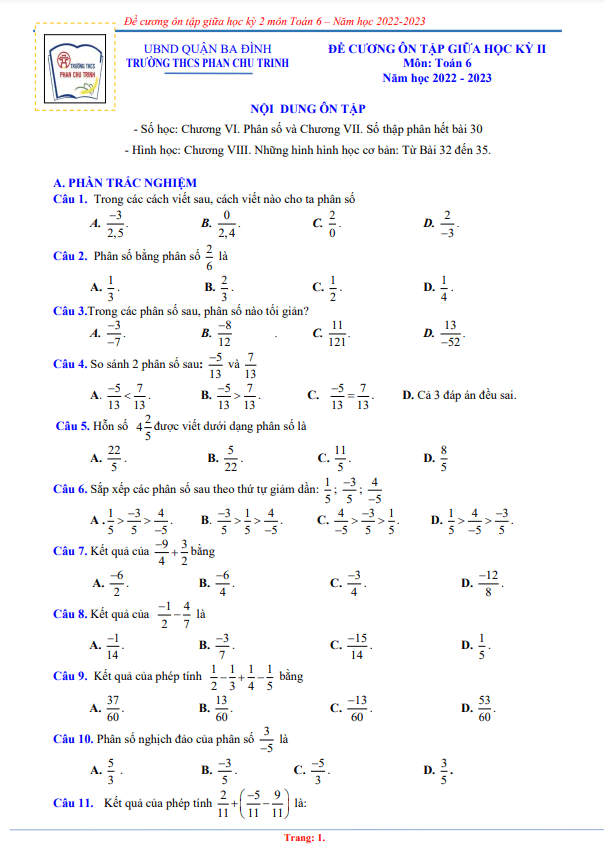 Đề cương giữa học kì 2 (HK2) lớp 6 môn Toán năm 2022 2023 trường THCS Phan Chu Trinh Hà Nội