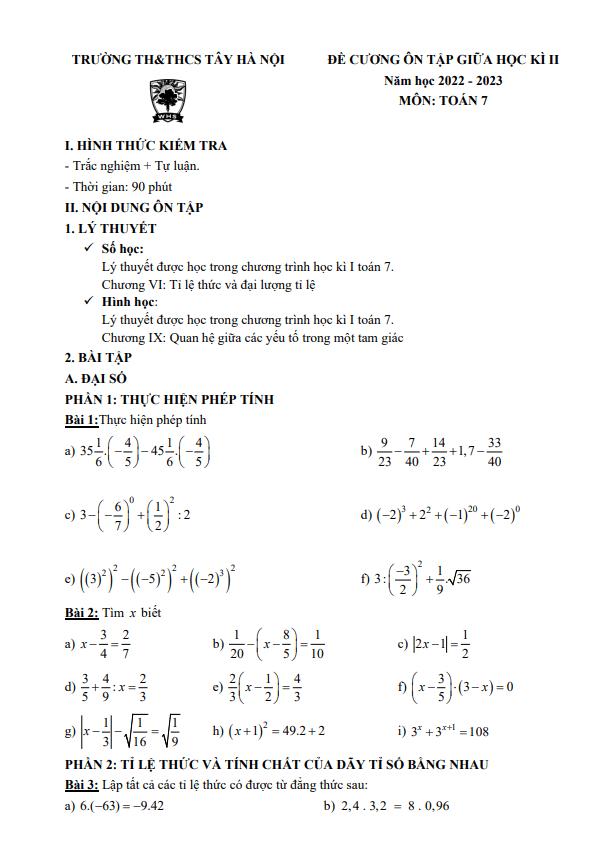 Đề cương giữa học kì 2 (HK2) lớp 7 môn Toán năm 2022 2023 trường TH THCS Tây Hà Nội