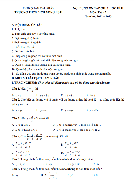 Đề cương giữa học kì 2 (HK2) lớp 7 môn Toán năm 2022 2023 trường THCS Dịch Vọng Hậu Hà Nội