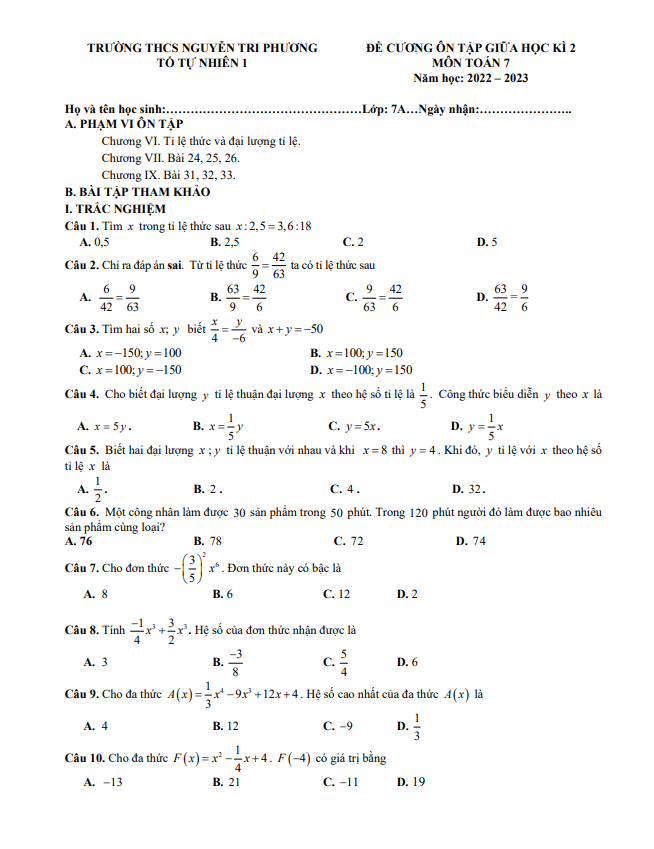 Đề cương giữa học kì 2 (HK2) lớp 7 môn Toán năm 2022 2023 trường THCS Nguyễn Tri Phương Hà Nội