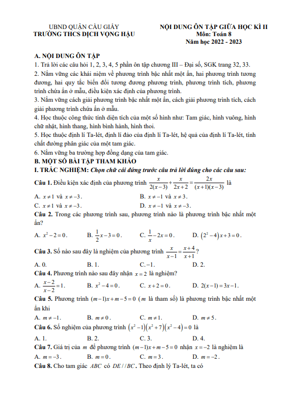 Đề cương giữa học kì 2 (HK2) lớp 8 môn Toán năm 2022 2023 trường THCS Dịch Vọng Hậu Hà Nội