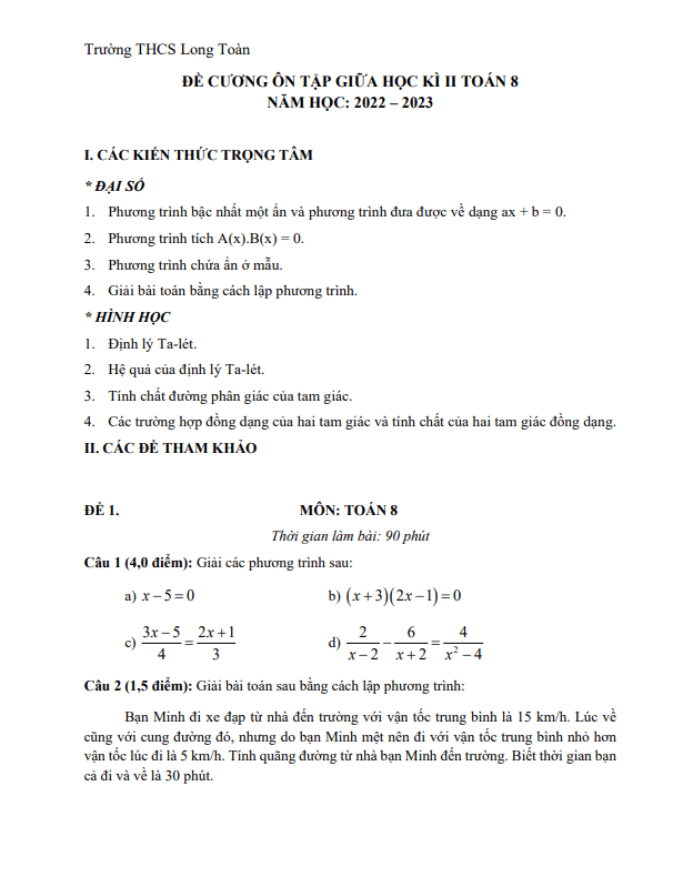 Đề cương giữa học kì 2 (HK2) lớp 8 môn Toán năm 2022 2023 trường THCS Long Toàn BR VT
