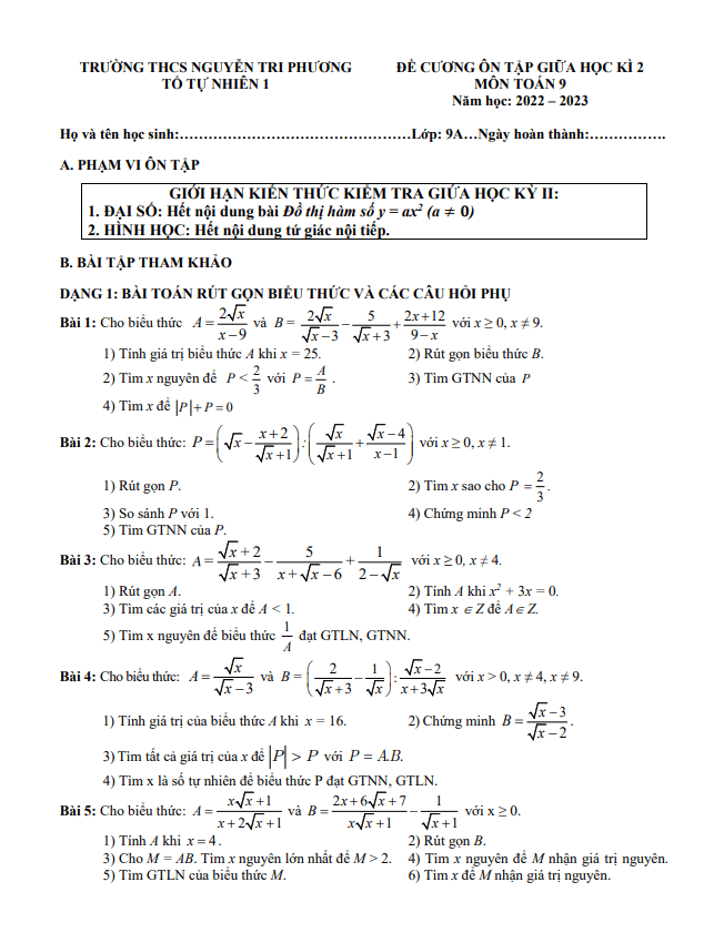 Đề cương giữa học kì 2 (HK2) lớp 9 môn Toán năm 2022 2023 trường THCS Nguyễn Tri Phương Hà Nội