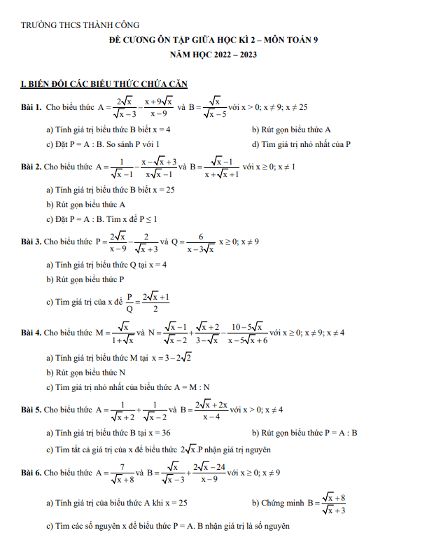 Đề cương giữa học kì 2 (HK2) lớp 9 môn Toán năm 2022 2023 trường THCS Thành Công Hà Nội