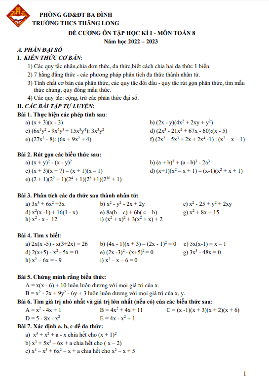 Đề cương học kì 1 (HK1) lớp 8 môn Toán năm 2022 2023 trường THCS Thăng Long Hà Nội
