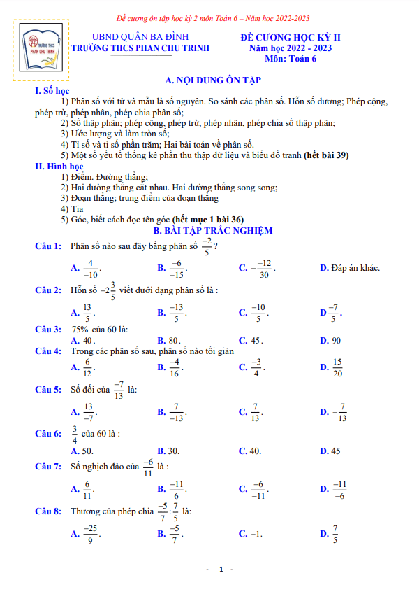 Đề cương học kì 2 (HK2) lớp 6 môn Toán năm 2022 2023 trường THCS Phan Chu Trinh Hà Nội