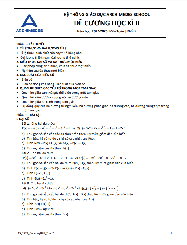 Đề cương học kì 2 (HK2) lớp 7 môn Toán năm 2022 2023 hệ thống giáo dục Archimedes School Hà Nội