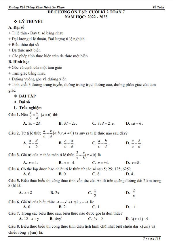 Đề cương học kì 2 (HK2) lớp 7 môn Toán năm 2022 2023 trường PT Thực hành Sư phạm Đồng Nai