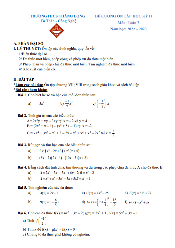 Đề cương học kì 2 (HK2) lớp 7 môn Toán năm 2022 2023 trường THCS Thăng Long Hà Nội
