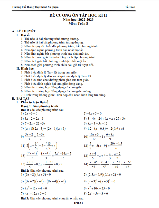 Đề cương học kì 2 (HK2) lớp 8 môn Toán năm 2022 2023 trường PT Thực hành Sư phạm Đồng Nai