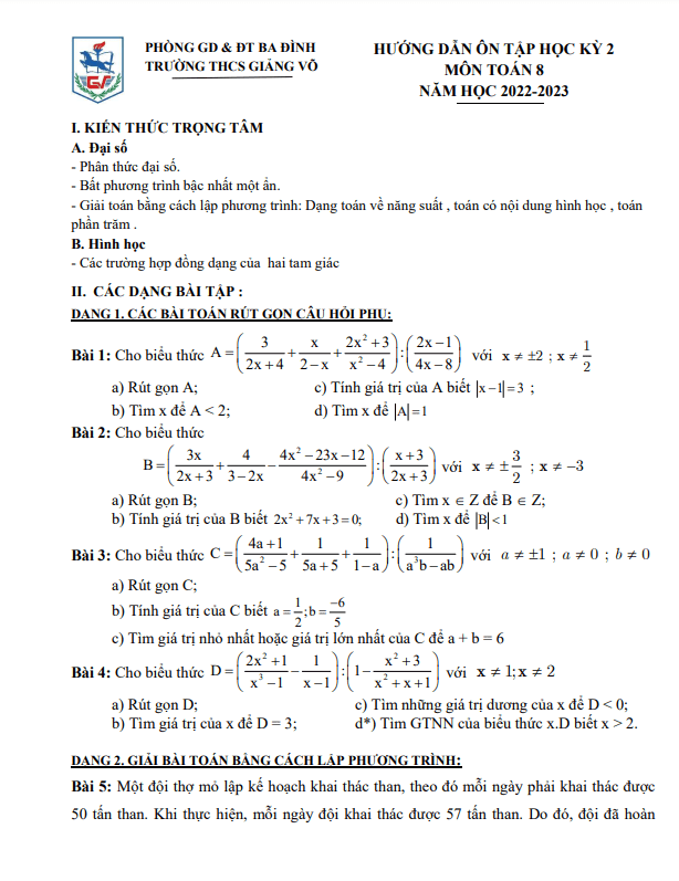 Đề cương học kì 2 (HK2) lớp 8 môn Toán năm 2022 2023 trường THCS Giảng Võ Hà Nội