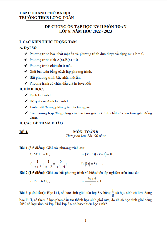 Đề cương học kì 2 (HK2) lớp 8 môn Toán năm 2022 2023 trường THCS Long Toàn BR VT