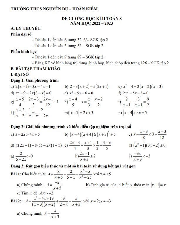 Đề cương học kì 2 (HK2) lớp 8 môn Toán năm 2022 2023 trường THCS Nguyễn Du Hà Nội
