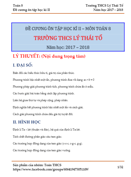 Đề cương lớp 8 môn Toán học kì 2 (HK2) năm học 2017 2018 trường THCS Lý Thái Tổ Hà Nội