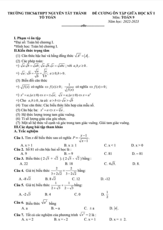 Đề cương lớp 9 môn Toán giữa học kì 1 (HK1) năm 2022 2023 trường Nguyễn Tất Thành Hà Nội