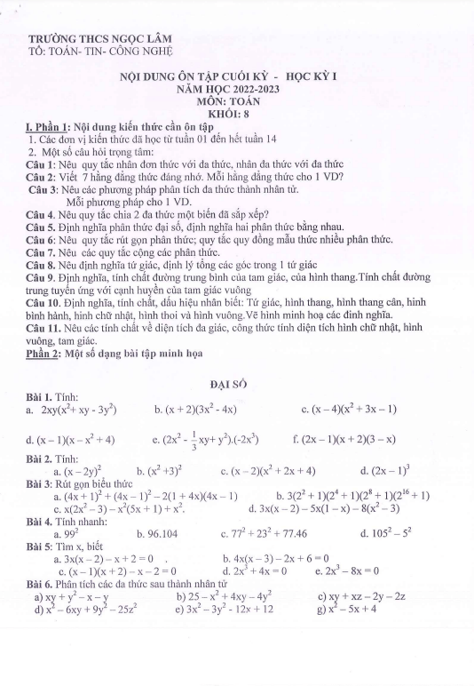 Đề cương ôn tập cuối học kì 1 (HK1) lớp 8 môn Toán năm 2022 2023 trường THCS Ngọc Lâm Hà Nội