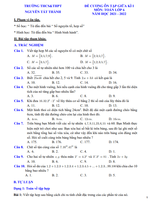 Đề cương ôn tập giữa học kì 1 (HK1) lớp 6 môn Toán năm 2021 2022 trường Nguyễn Tất Thành Hà Nội