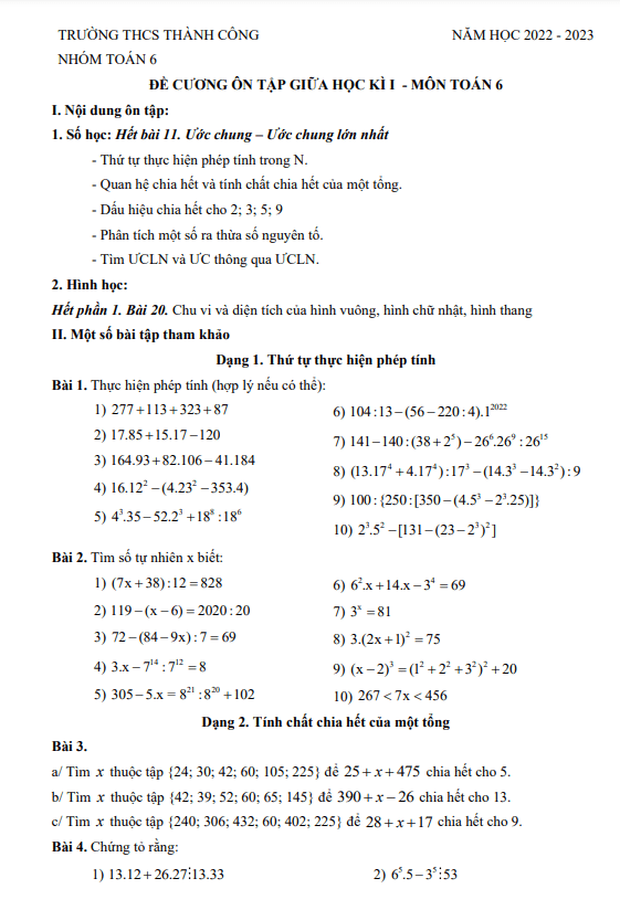 Đề cương ôn tập giữa học kì 1 (HK1) lớp 6 môn Toán năm 2022 2023 trường THCS Thành Công Hà Nội