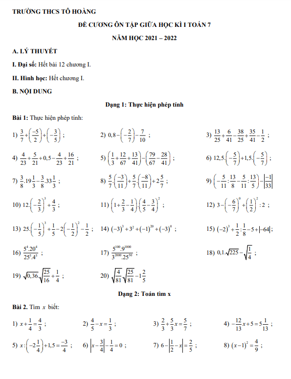 Đề cương ôn tập giữa học kì 1 (HK1) lớp 7 môn Toán năm 2021 2022 trường THCS Tô Hoàng Hà Nội
