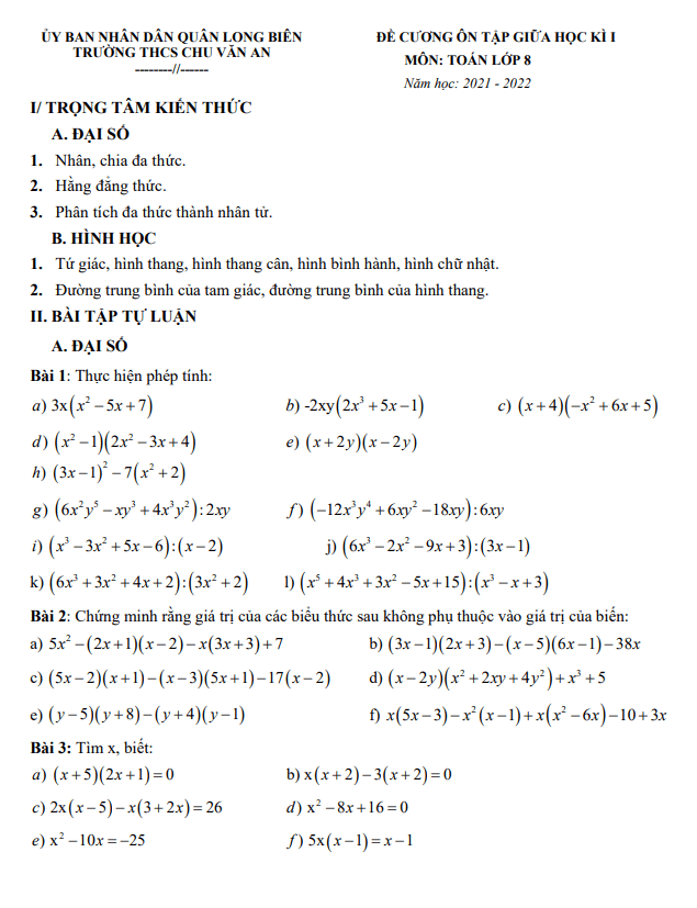Đề cương ôn tập giữa học kì 1 (HK1) lớp 8 môn Toán năm 2021 2022 trường THCS Chu Văn An Hà Nội