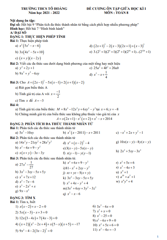 Đề cương ôn tập giữa học kì 1 (HK1) lớp 8 môn Toán năm 2021 2022 trường THCS Tô Hoàng Hà Nội