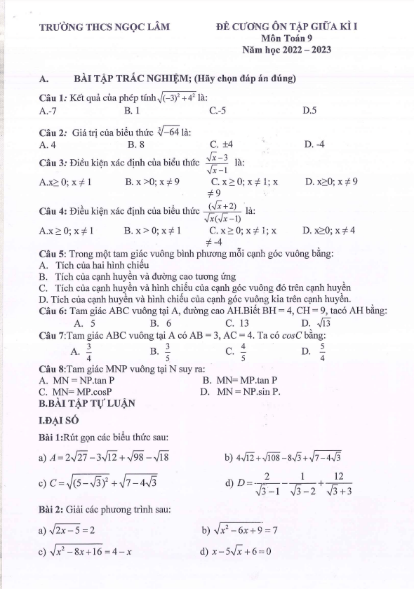 Đề cương ôn tập giữa học kì 1 (HK1) lớp 9 môn Toán năm 2022 2023 trường THCS Ngọc Lâm Hà Nội